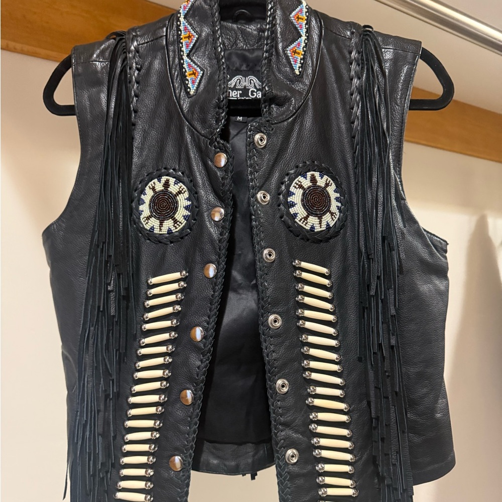 Black Leather Vest with Fringe and Beaded Details